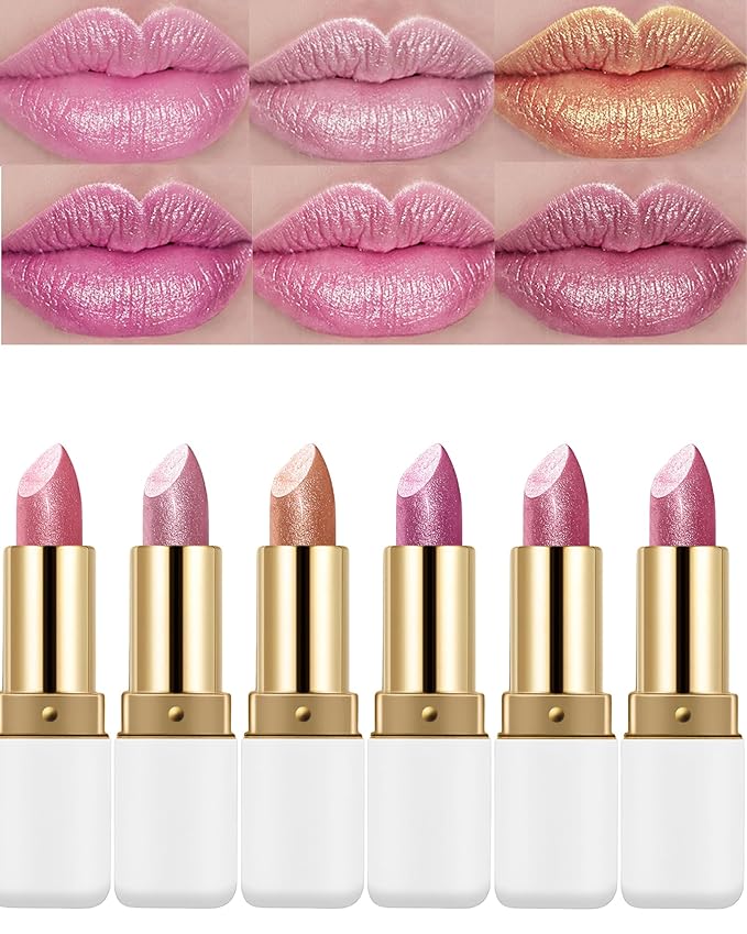 6 Pcs Glitter Lipstick Brown Nude Pink Purple Red Sets,Matte Shimmer Light to Dark Color for Women Long Lasting 24 Hours Lip Gloss, Sparkling Shiny Waterproof Lip Stick Christmas labiales Makeup Gift