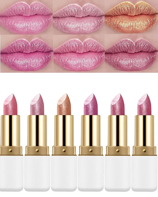 6 Pcs Glitter Lipstick Brown Nude Pink Purple Red Sets,Matte Shimmer Light to Dark Color for Women Long Lasting 24 Hours Lip Gloss, Sparkling Shiny Waterproof Lip Stick Christmas labiales Makeup Gift