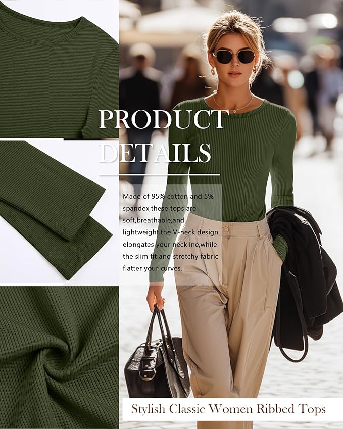 Neer 4 Pack Women's Ribbed Long Sleeve Shirts, Cotton Crew Neck Slim Fit Tops Stretch Knit Casual Base Layer Basic Tee Shirts