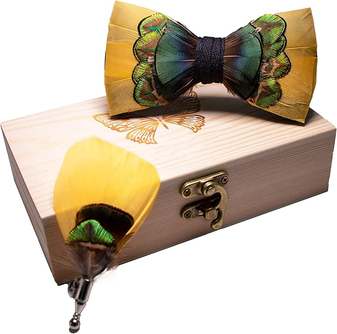 RBOCOTT Handmade Feather Pre-tied Bow tie and Brooch Sets for Men