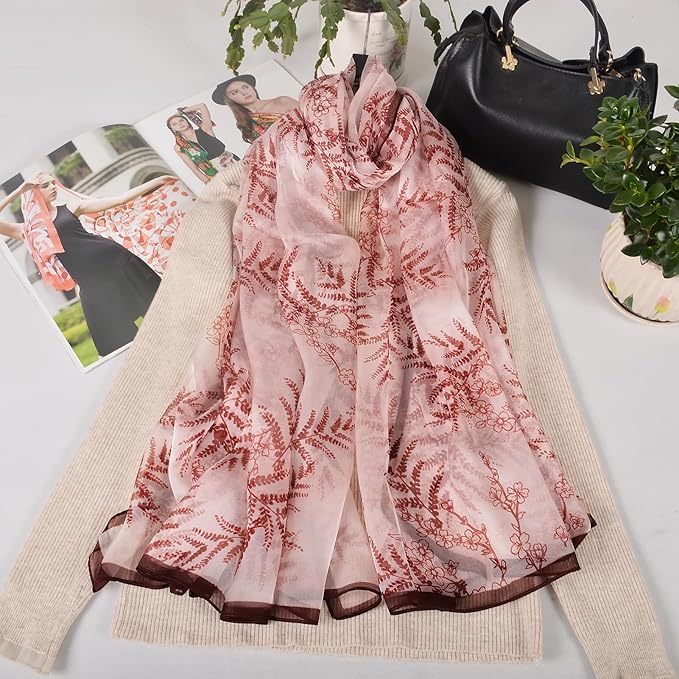 100% Mulberry Silk Women's Neck Silk Scarf-Lightweight Shawl,FLoral Print Beach Silk Wrap-Scarves for Photography