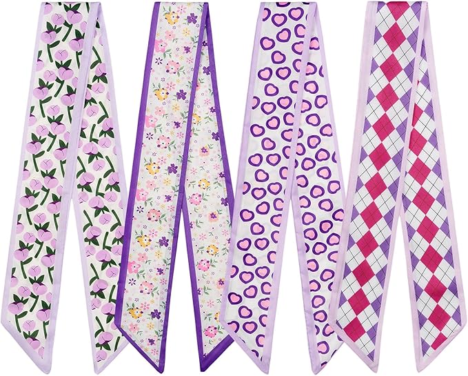 4 Pack Purse Scarf Handbags Skinny Twill Hair Scarves Narrow Neck Scarf Band Women Fashion Accessories Bag Charms