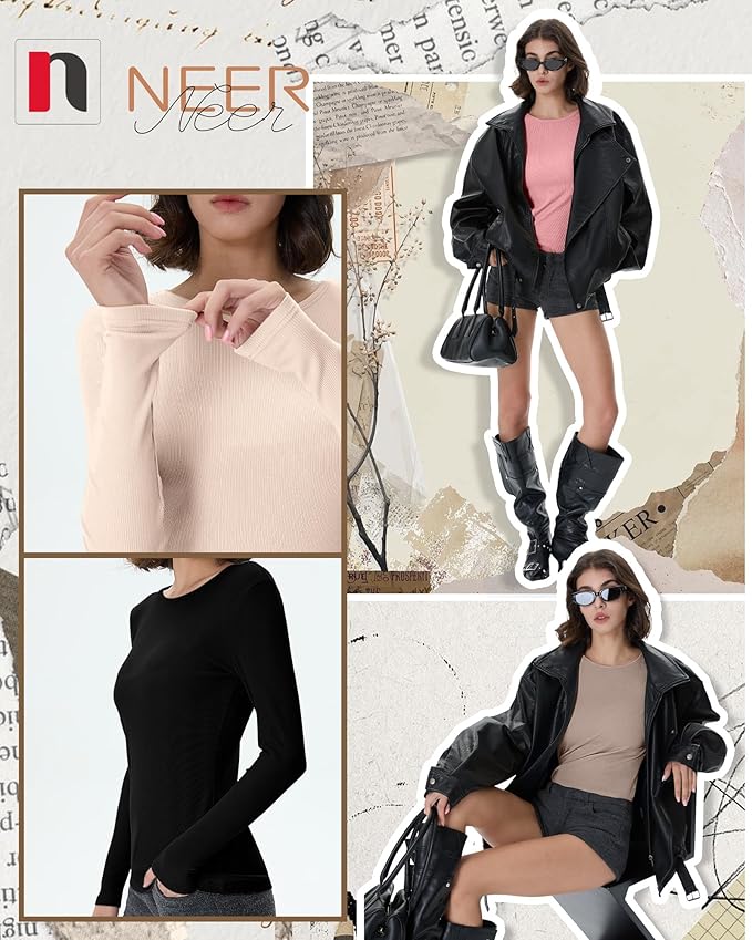Neer 4 Pack Women's Ribbed Long Sleeve Shirts, Cotton Crew Neck Slim Fit Tops Stretch Knit Casual Base Layer Basic Tee Shirts