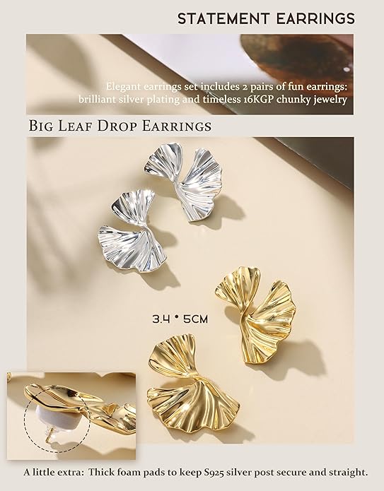 KRFY Statement Earrings 2 Pairs, S925 Sterling Silver Post 16K Plated Chunky Gold Earrings For Women Trendy, Hypoallergenic Big Flower Leaf Stud Earring Set, Silver Color Large Dangle Earrings Jewelry
