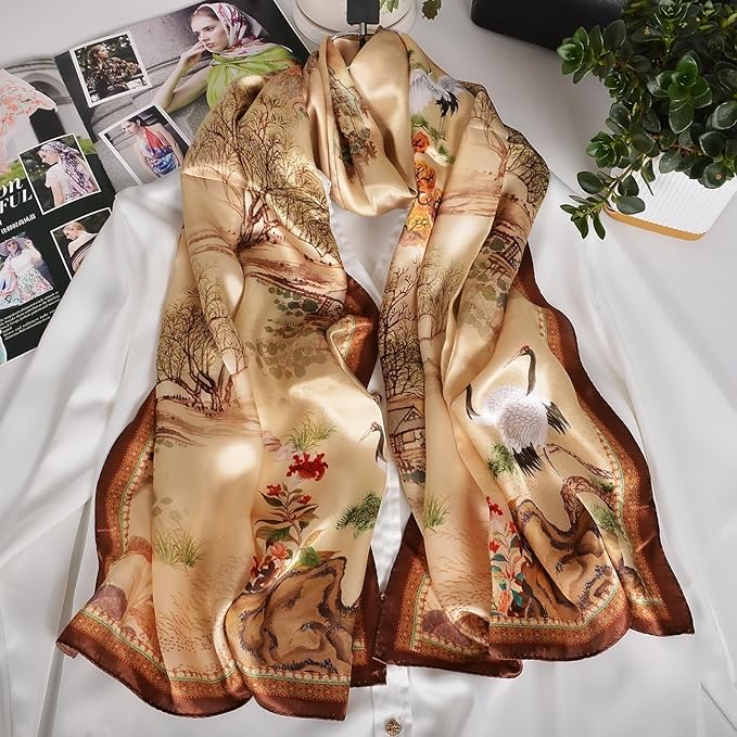 100% Mulberry Silk Scarf for Women Neck Oblong Headscarves Long Floral Print Lightweight Silk Wraps Shawls 67"*20"