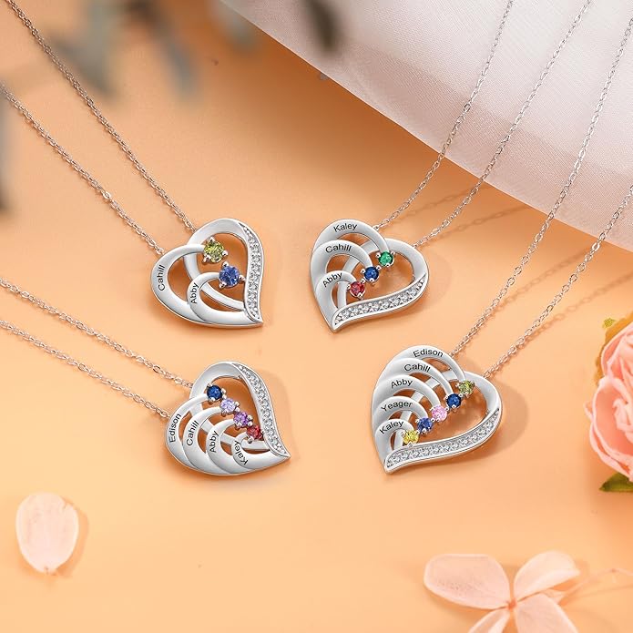 GLAMCARAT Personalized mothers necklace with birthstones names sterling silver jewelry for women customized engraved necklace