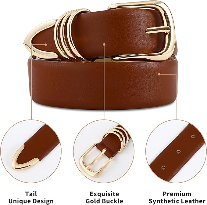 Women's Leather Belts with Gold Buckle Fashion Leather Waist Belt Elegant Ladies Belts for Jeans Dress & Casual Wear