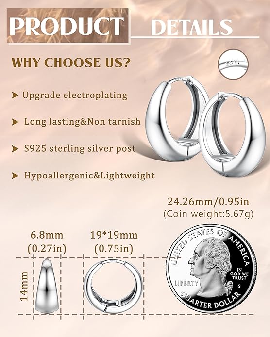 14K Gold Plated Small Chunky Hoop Earrings Sterling Silver Post - Hypoallergenic Trendy Thick Lightweight Silver Plated Huggie Hoops Dainty Hoop Earrings for Women Non Tarnish Jewelry Gifts