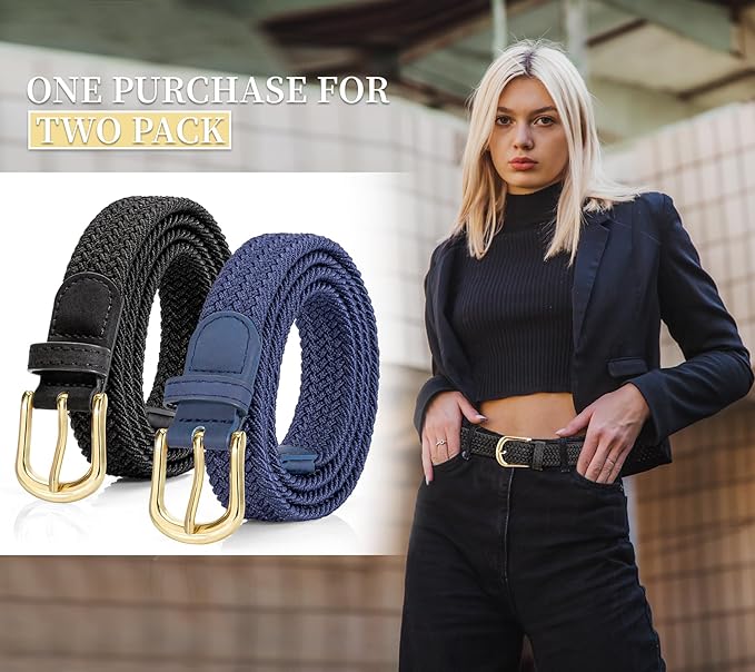 2 Pack Braided Belt for Women, Elastic Woven Stretch Fabric Cloth Belt with Gold Buckle