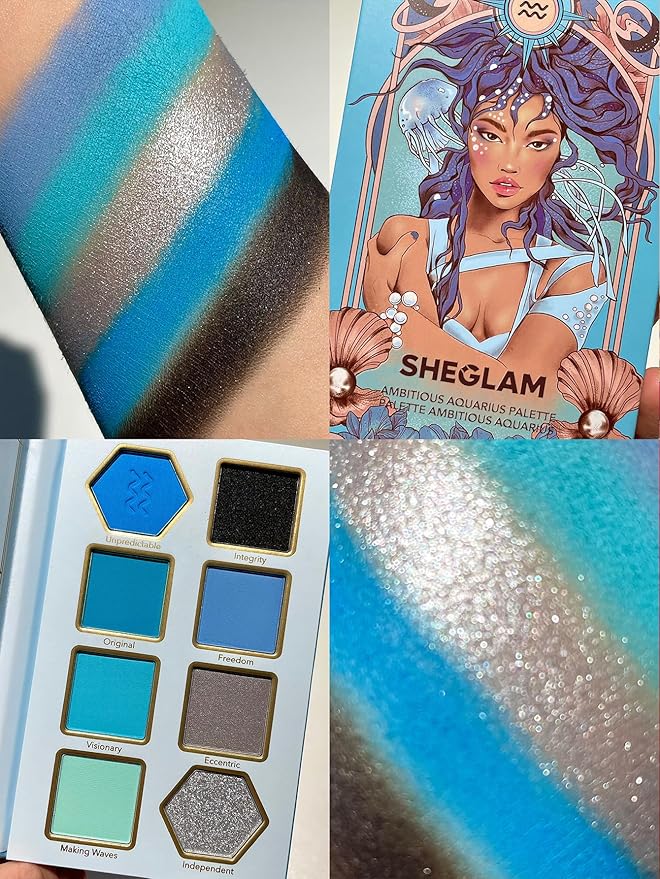 SHEGLAM Glitter Metallic Eyeshadow Palette 8-Color High Pigment Silver Blue Long Wearing Horoscope Collection Eye Shadow Palette - Ambitious Aquarius