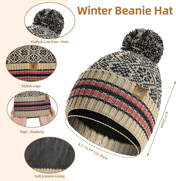 Womens Winter Beanie Hat Long Scarf and Touchscreen Gloves 3Pieces Fleece Lined Skull Caps with Pompom Neck Scarves Set