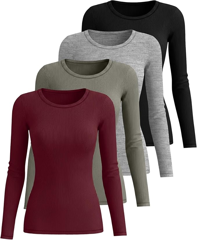 Neer 4 Pack Women's Ribbed Long Sleeve Shirts, Cotton Crew Neck Slim Fit Tops Stretch Knit Casual Base Layer Basic Tee Shirts