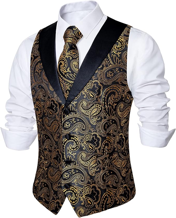 DiBanGu Mens Paisley Suit Vest Silk Jacquard Waistcoat and Necktie Set Formal Shawl Collar Dress Vest 7PCS for Wedding Party