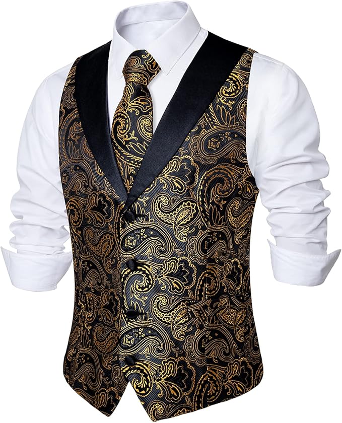 DiBanGu Mens Paisley Suit Vest Silk Jacquard Waistcoat and Necktie Set Formal Shawl Collar Dress Vest 7PCS for Wedding Party
