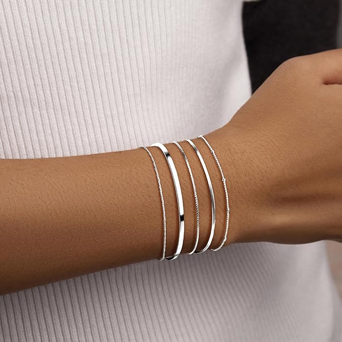 Dainty Thin Gold Bracelet for Women Stack, 14K Gold Plated Bracelet Stackable Set with Bangle Cuff, Box, Herringbone, Paperclip, Figaro, Sparkling Link Chains, Simple Waterproof Non Tarnish Minimalist Gifts for Women Trendy