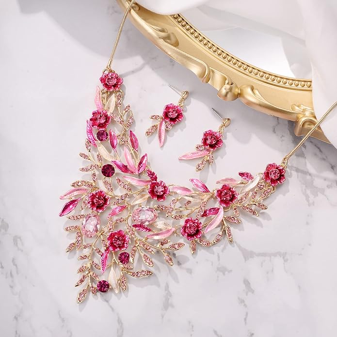BriLove Wedding Bridal Leaf Cluster Jewelry Set for Women Crystal Flower Enamel Statement Necklace Dangle Earrings