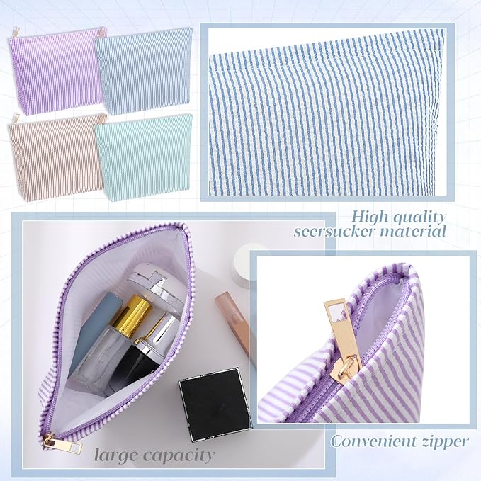 Sanwuta 4 Pcs Seersucker Cosmetic Bag Seersucker Makeup Bag Women Stripe Large Travel Toiletry Organizer Preppy Storage Pouch for Wedding Bridesmaid Bride Mom(Blue, Khaki, Purple, Lake Blue)