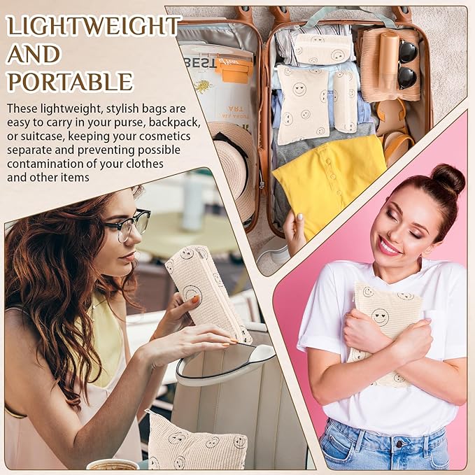 3 Pcs Makeup Bag Set for Women Corduroy Cosmetic Pouch Aesthetic Smile Travel Toiletry Bag Cute Purse Pouch Pencil Case Makeup Brushes Storage Organizer for Christmas(Beige,Smile Face)