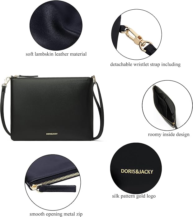 DORIS&JACKY Lambskin Leather Wristlet Clutch Purse for Women Soft Designer Slim Cell Phone Pouch Bag with Detachable Strap