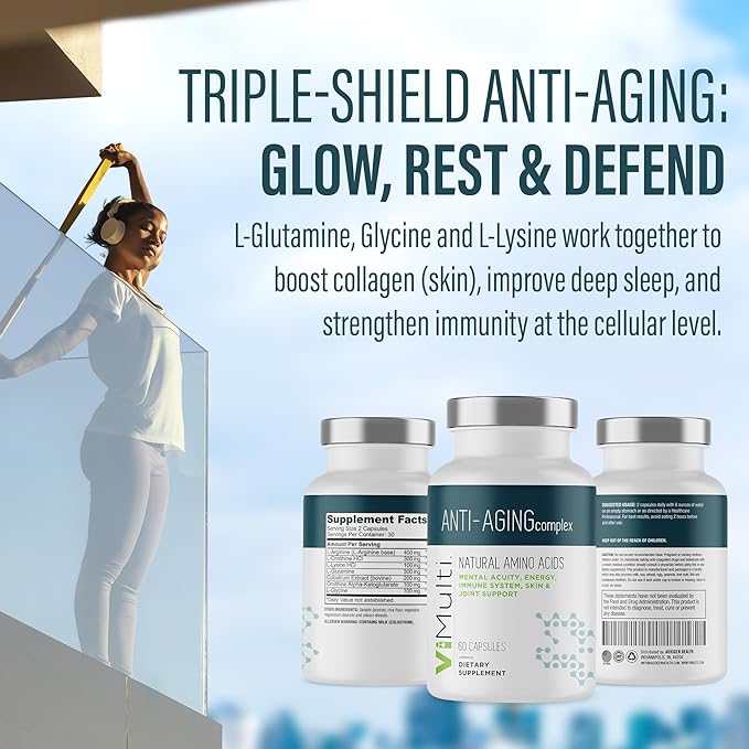 Anti-Aging Natural Amino Acids Supplement for Women & Men – Supports Immune Health, Energy, Smoother Skin Tone, & Restorative Sleep, Anti-Aging Supplement Pills for Longevity, 60 Capsules