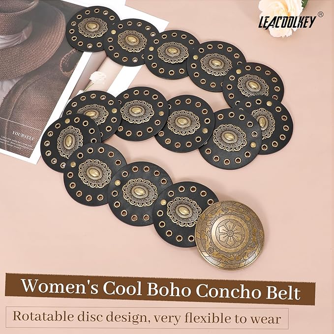 LEACOOLKEY Women's Boho Disc Belt Wide Western Leather Belt Vintage Concho Waist Belts for Dress Jeans