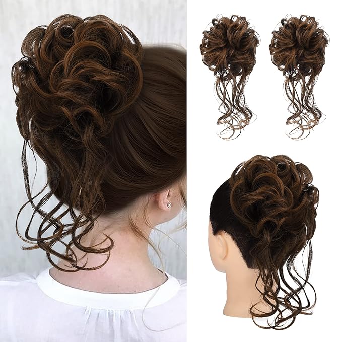 HOOJIH 2PCS Messy Bun Hair Piece, Tousled Updo with Tendrils Bun Extensions Wavy Curly Hair Wrap Ponytail Hairpieces Scrunchies for Women HB010 Dasiy - Black Brown with Golden Brown Mixed