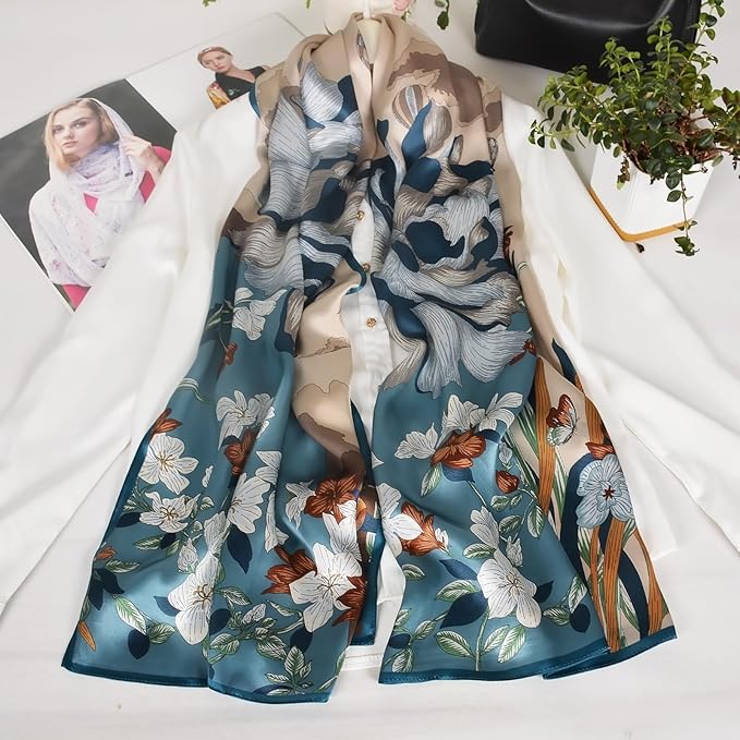 100% Mulberry Silk Scarf for Women Neck Oblong Headscarves Long Floral Print Lightweight Silk Wraps Shawls 67"*20"