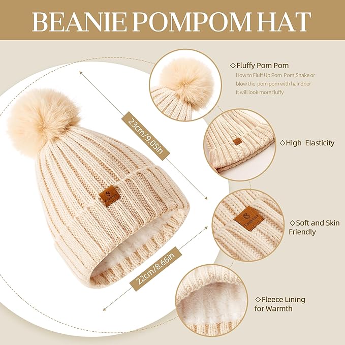 Coolprince Womens Long Scarf Gloves and Hat Set Cold Weather Hat Scarf Glove Set for Women Winter Beanie Hats with Pom Pom