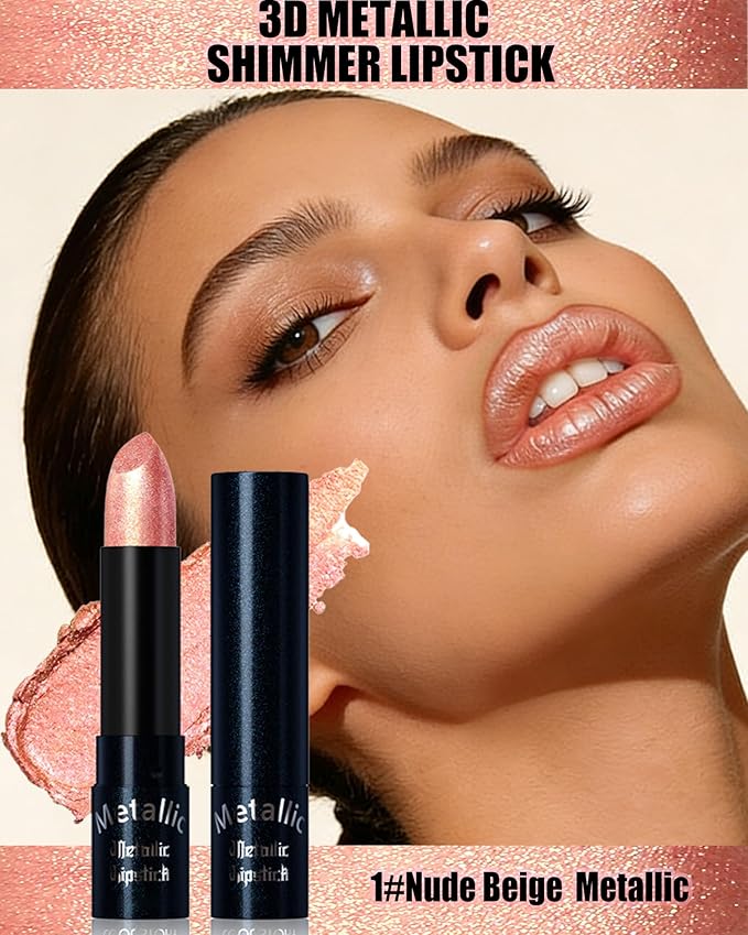 Glitter Metallic Lipstick Shimmer Lip Stick Long Lasting,Nude Pink Diamond Cream Shimmer Tinted Lip Gloss High Pigmented,Metallic Matte Red Lipcolor Stain for Women Christmas Non Stick Lips Makeup-01