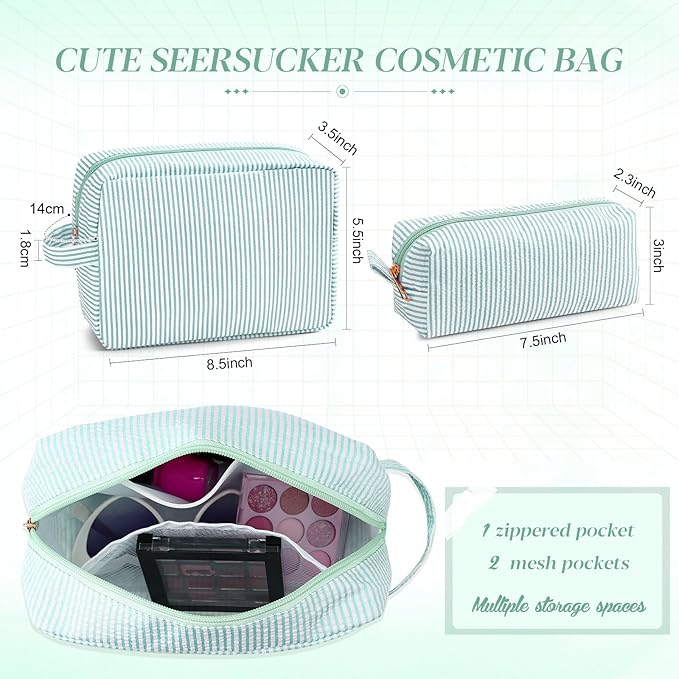Sanwuta 2 Pcs Makeup Bag Set Seersucker Cosmetic Bag for Women Cute Stripe Travel Toiletry Organizer Aesthetic Preppy Storage Pouch for Girls Wedding Bridesmaid Valentine's Day Gifts(Lake Blue)
