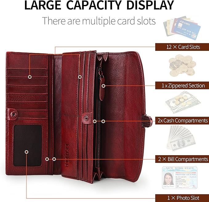 ORIREAL Women's Wallet Genuine Leather Wallet for Ladies Large Capacity Hand-Crafted Wallet Card Holder Purse