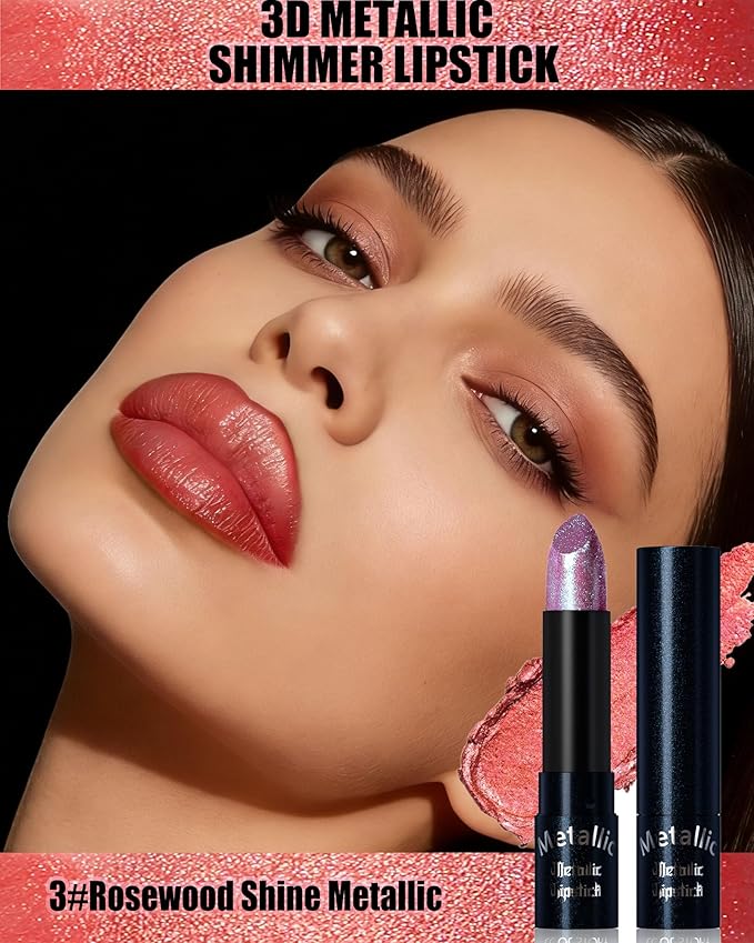Glitter Metallic Lipstick Shimmer Lip Stick Long Lasting,Rose Red Diamond Cream Shimmer Nude Tinted Lip Gloss High Pigmented,Metallic Matte Red Lipcolor Stain Women Christmas Non Stick Lips Makeup-03