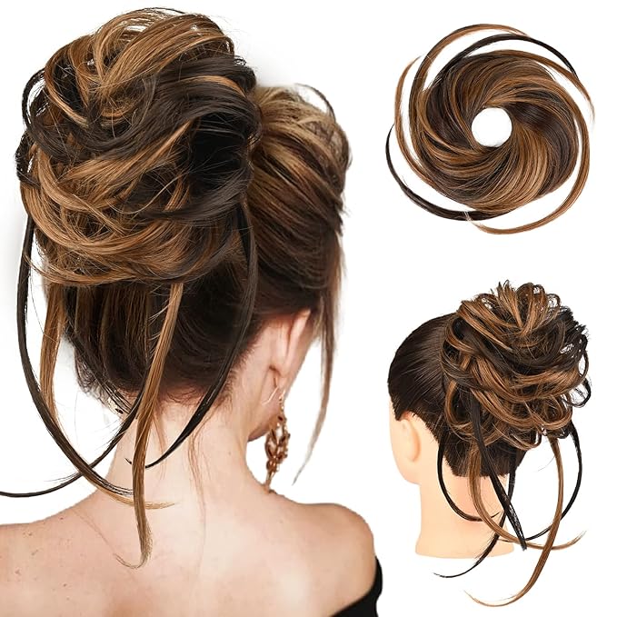 HOOJIH Messy Bun Hair Piece, Super Long Tousled Updo Hair Bun Extensions Wavy Hair Wrap Ponytail Hairpieces Scrunchies with Elastic Hair Band HB007 Grace - Warm Brown with Medium Brown Highlights