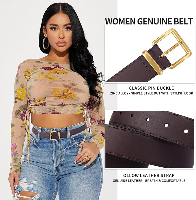TINIDI Women Genuine Leather Belt for Jeans Pants Dress Fashion Ladies Waist Belt with Gold Buckle