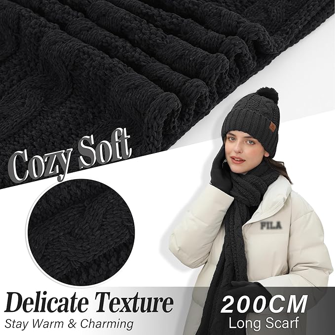 Womens Winter Beanie Hats Scarf Touchscreen Gloves Set Chenille Knit Fleece Lined Beanies Pompom Hat Scarves
