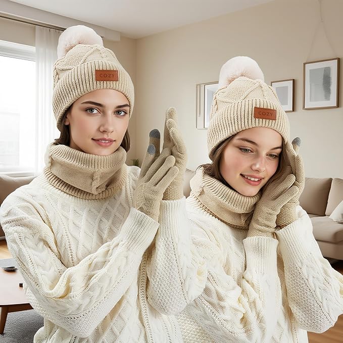 4 Pieces Winter Hat Scarf Glove Set for Women,Fleece Lined Beanie with Pom Pom,Touchscreen Gloves Knit Scarf for Cold Weather