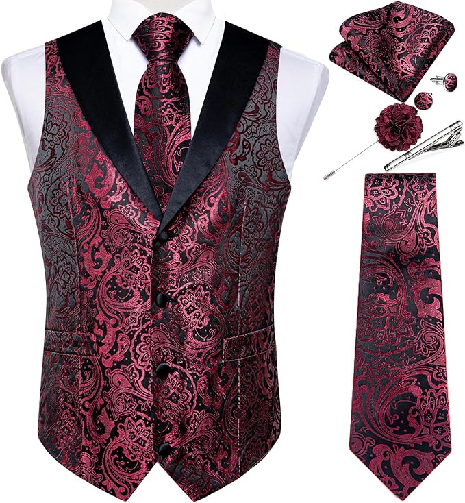 DiBanGu Mens Paisley Suit Vest Silk Jacquard Waistcoat and Necktie Set Formal Shawl Collar Dress Vest 7PCS for Wedding Party