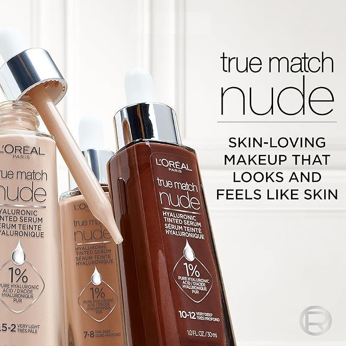L'Oreal Paris True Match Nude Hyaluronic Tinted Serum Foundation with 1% Hyaluronic acid, Tan 6-7, 1 fl. oz.