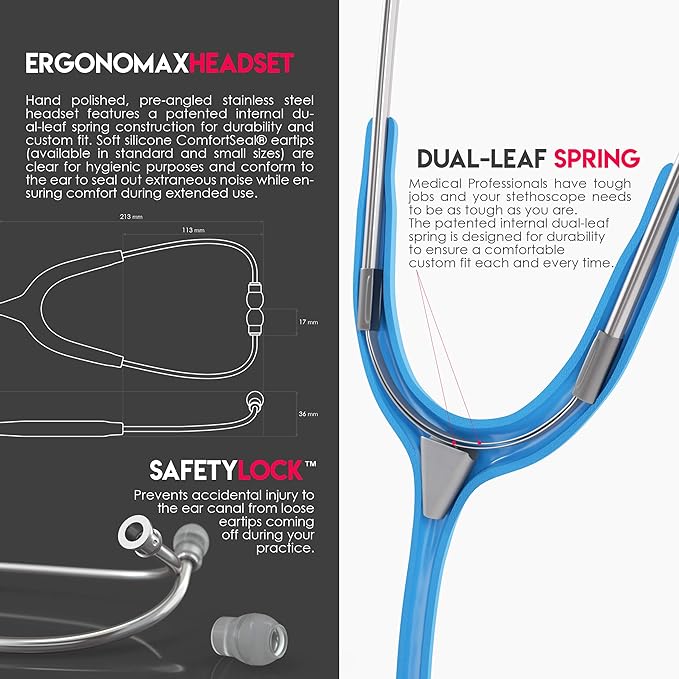 MDF Instruments, Acoustica Lightweight Stethoscope for Doctors, Nurses, Students, Home Health Use, Adult, Dual Head, Bright Blue Tube, Silver Chestpiece-Headset, MDF747XP14