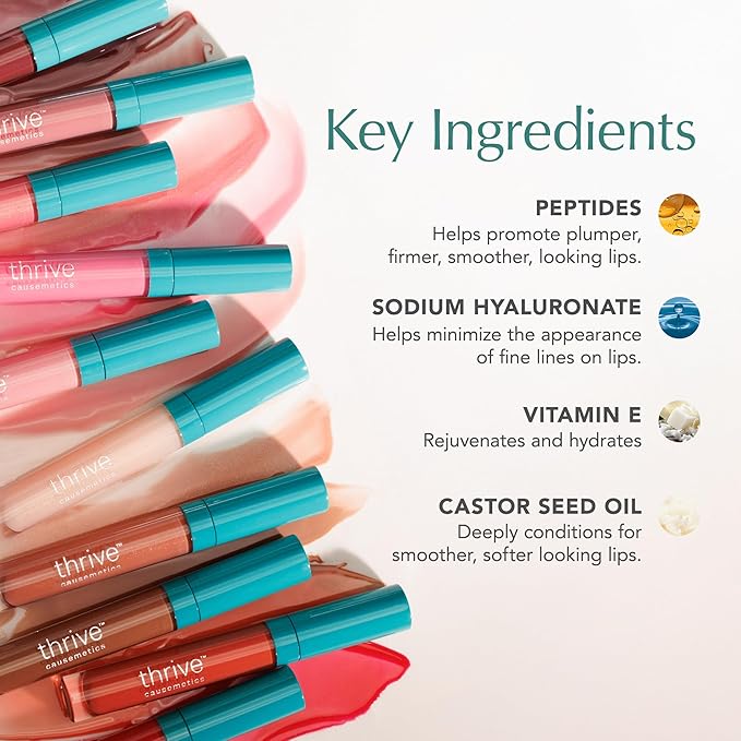 Thrive Causemetics Sheer Strength Lip Plumping Peptide Gloss, Lip Plumper with Vitamin E, Peptides, Plumps, Smooths & Hydrates Lips, High Shine, Vegan & Cruelty Free, Jo (Pink Mauve)