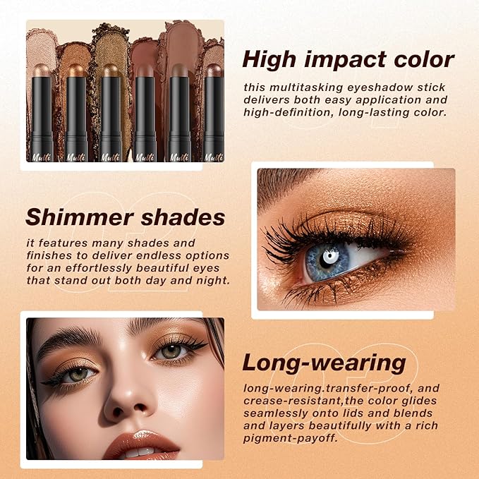 LANGMANNI 4Colors Dual-Ended Cream Eyeshadow Stick Set – Silky Smooth, Waterproof & Transfer-Proof, Built-in Blender Brush, All-Day Matte & Shimmer Wear Eye Makeup(#1+2+3+4)