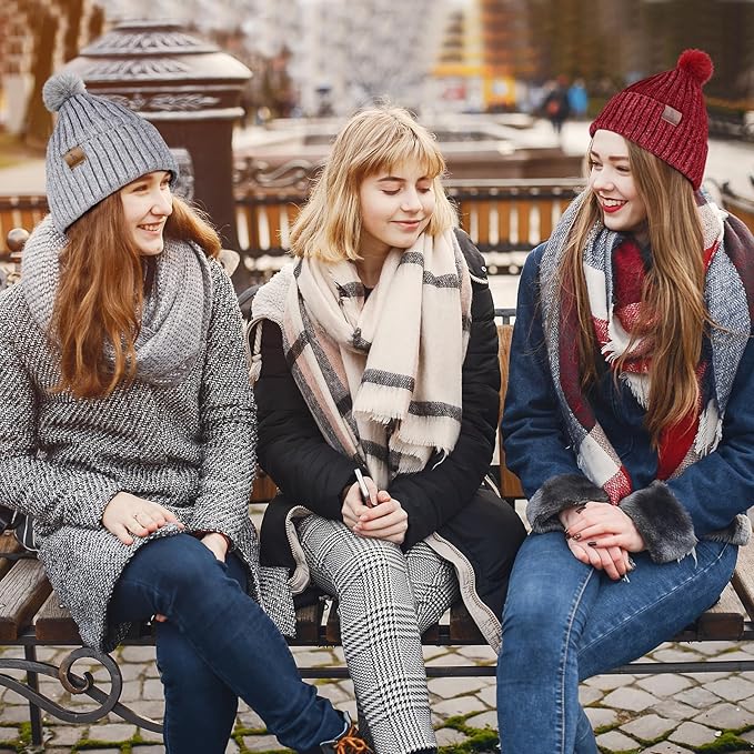Womens Winter Beanie Hat Scarf Touchscreen Gloves Set Knit Warm Skull Caps Long Neck Scarves for Women Men