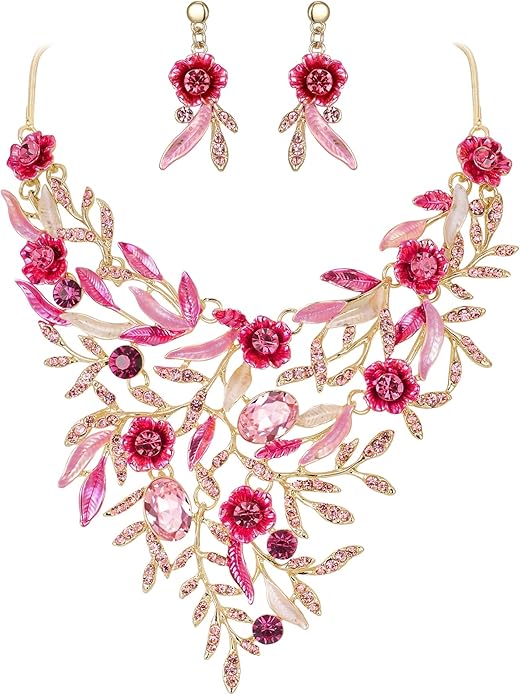 BriLove Wedding Bridal Leaf Cluster Jewelry Set for Women Crystal Flower Enamel Statement Necklace Dangle Earrings