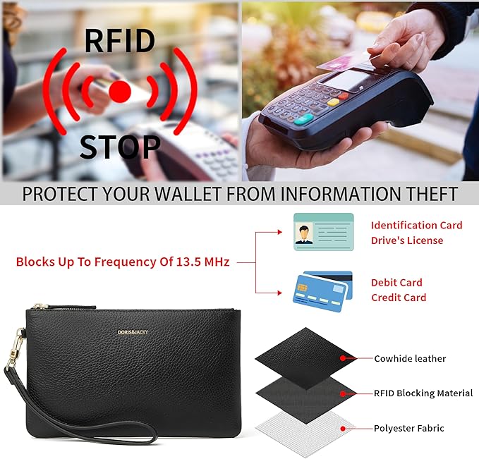 DORIS&JACKY Small Leather Wristlet Clutch Purse for Women Slim Designer Wallet and Cellphone Pouch Bag With Detachable Strap