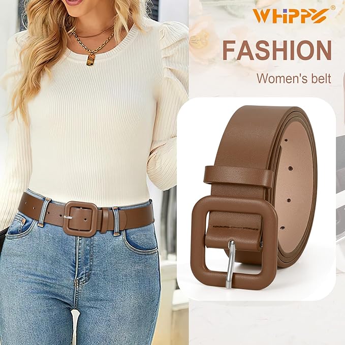 WHIPPY Women Leather Belt Candy Color Fashion Square Buckle Belt Ladies Belt for Jeans Pants Dresses