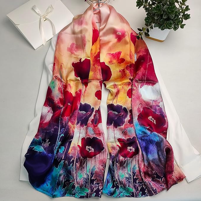 100% Mulberry Silk Scarf for Women Neck Oblong Headscarves Long Floral Print Lightweight Silk Wraps Shawls 67"*20"