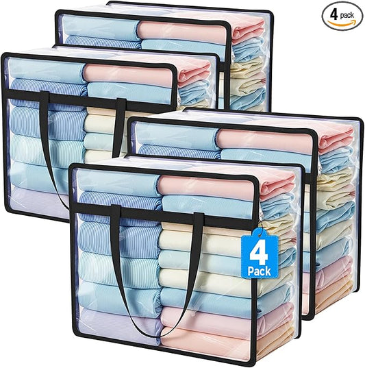 Budding Joy Clear Zippered Storage Bags for Clothes,40L Closet Organizers and Storage Containers Vinyl Moving Bag for Bedding, Linen, Blankets, Comforters, Clothing & Toys, Black, 4 Pack