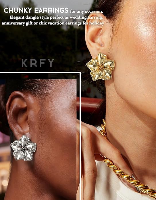 KRFY Statement Earrings 2 Pairs, S925 Sterling Silver Post 16K Plated Chunky Gold Earrings For Women Trendy, Hypoallergenic Big Flower Leaf Stud Earring Set, Silver Color Large Dangle Earrings Jewelry