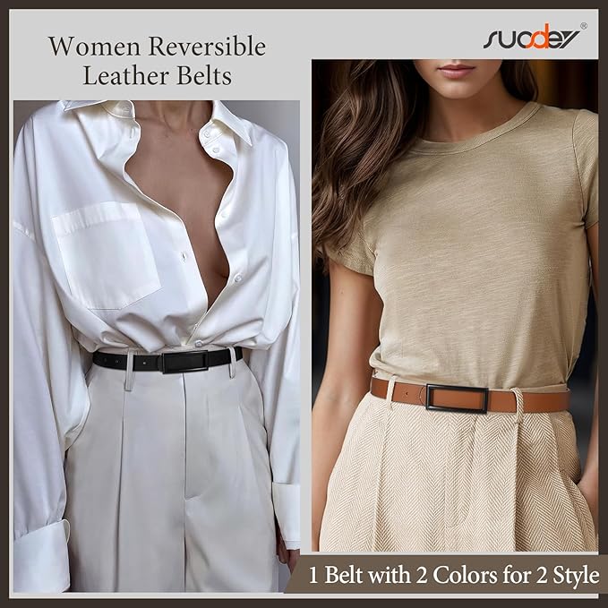 SUOSDEY Women Reversible Leather Belts for Jeans Pants Dresses Ladies Fashion Belts with Gold Buckle, 0.9" Width