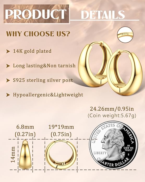 14K Gold Plated Small Chunky Hoop Earrings Sterling Silver Post - Hypoallergenic Trendy Thick Lightweight Silver Plated Huggie Hoops Dainty Hoop Earrings for Women Non Tarnish Jewelry Gifts